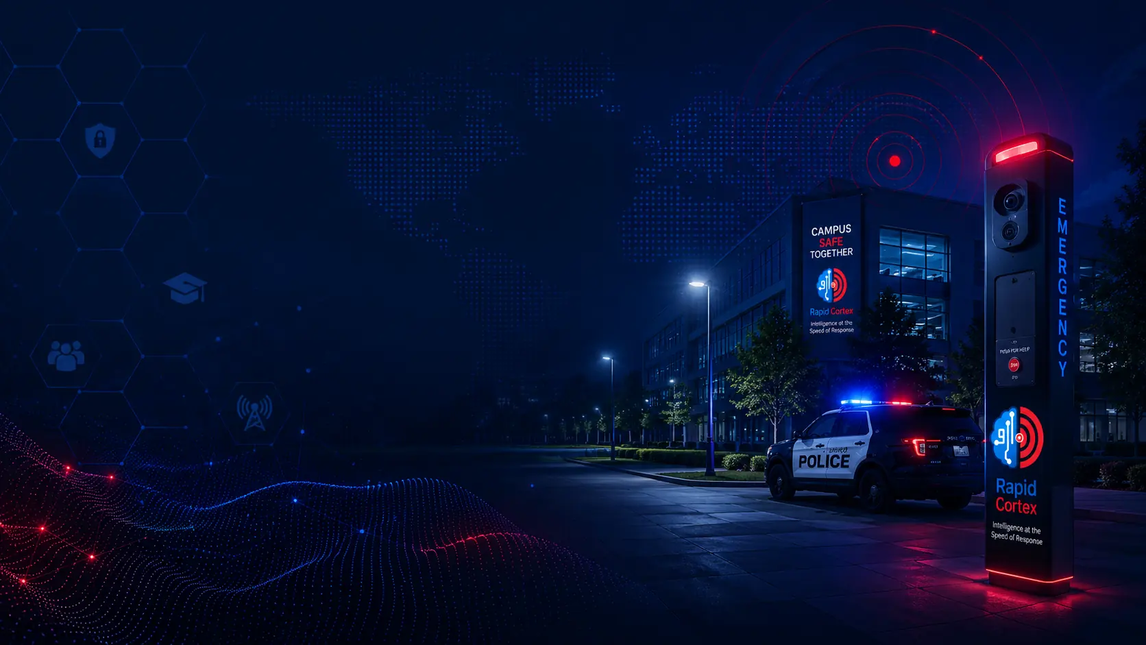 Rapid Cortex Campus — emergency tower, campus safety operations, and intelligence overlays at night