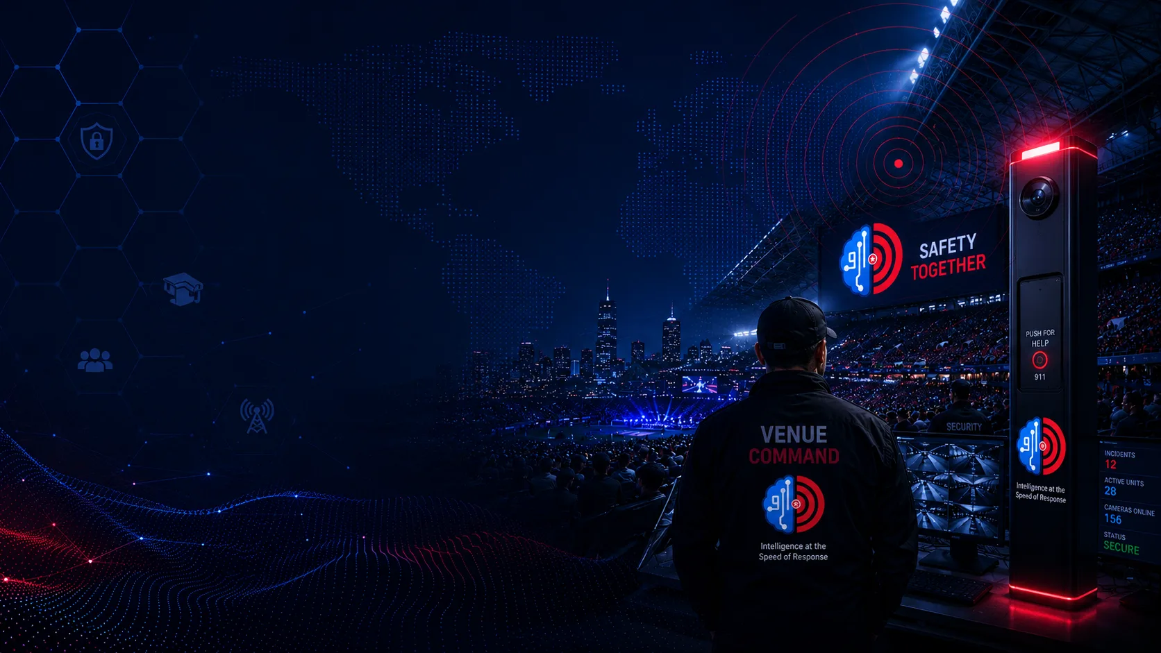 Rapid Cortex Venue Command — stadium security operations, help tower, and live camera feeds at night